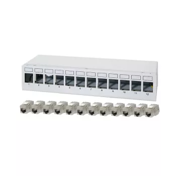 Patch panel de secretária LogiLink NK4093 Cat.6A, 12 portas, cinzento-claro (RAL 7035), blindado, aço sem parafusos