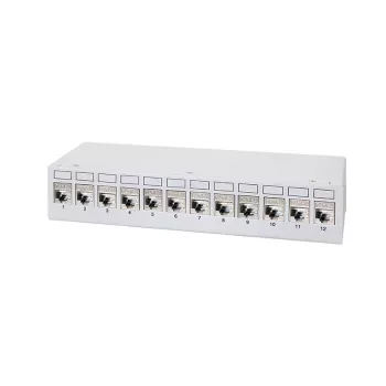Patch panel de secretária LogiLink NK4093 Cat.6A, 12 portas, cinzento-claro (RAL 7035), blindado, aço sem parafusos