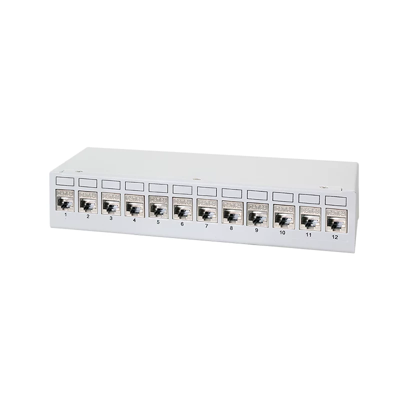 Patch panel de secretária LogiLink NK4093 Cat.6A, 12 portas, cinzento-claro (RAL 7035), blindado, aço sem parafusos