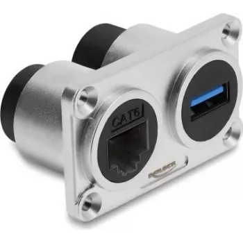 Tomada dupla de montagem em painel Delock USB 5 Gbps Type-A fêmea + RJ45 fêmea Cat.6 prateado