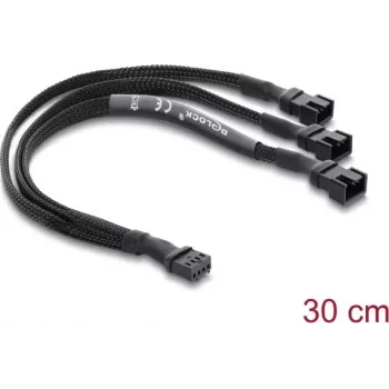 Cabo divisor de ventoinha Delock 1 x conector fêmea 4 pinos PWM para 2 x conector macho 4 pinos PWM (segundo com 3 pinos ocupados) manga trançada 30 cm preto
