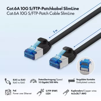 Cabo de patch Cat.6A Slim S/FTP LSZH LogiLink, preto, 3 m, SlimLine