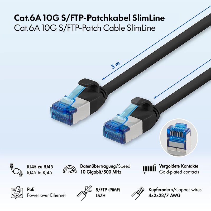 Cabo de patch Cat.6A Slim S/FTP LSZH LogiLink, preto, 3 m, SlimLine