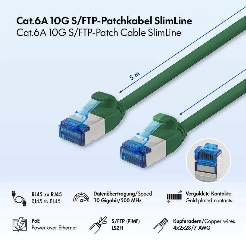 Cabo de rede LogiLink Cat.6A S/FTP Slim, LSZH, verde, 5 m