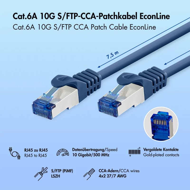 Cabo de rede LogiLink EconLine Cat.6A S/FTP LSZH, CCA, azul, 7,5 m