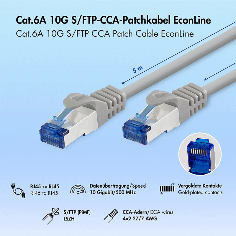 Cabo de rede LogiLink Cat.6A CCA S/FTP LSZH, cinzento, 5 m, EconLine