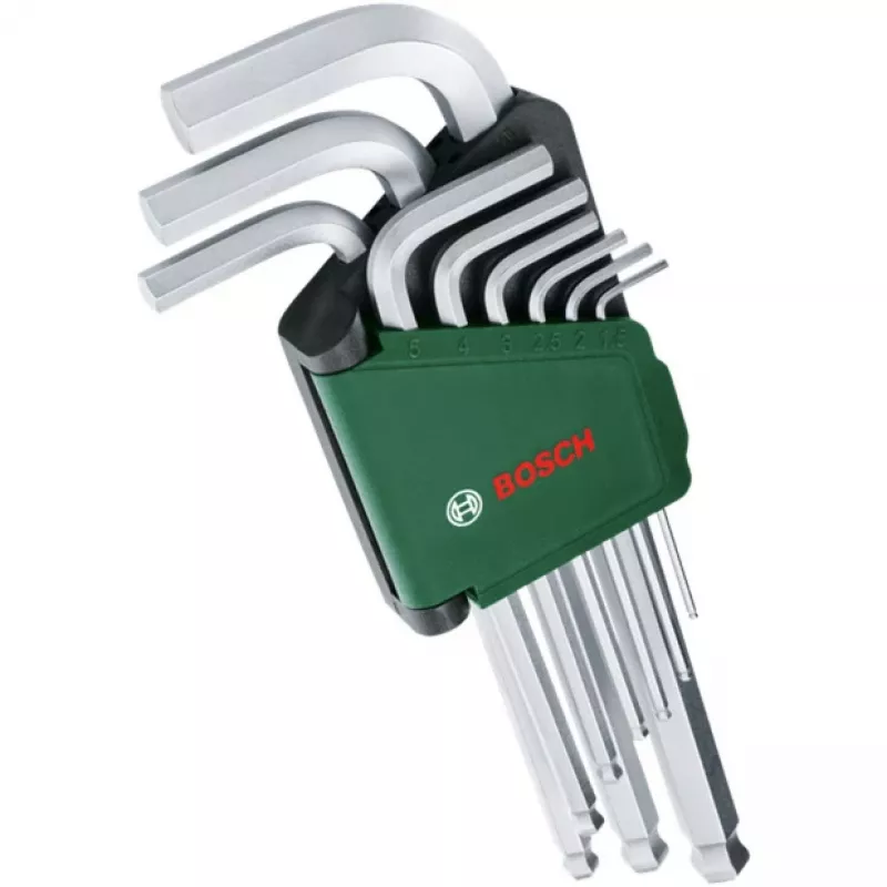 BOSCH conjunto de 9 chaves Allen com chaves em L codificadas por cores, ponta esférica e função de retenção, métrico 1,5-10 mm, superfície BlackLaser, suporte com clipe