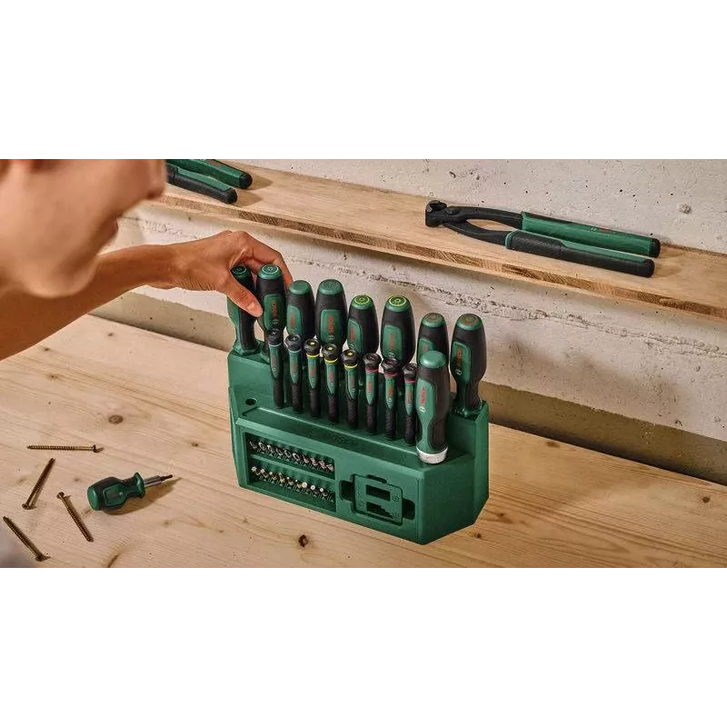 BOSCH conjunto misto de 39 chaves de fendas com suporte, verde/preto