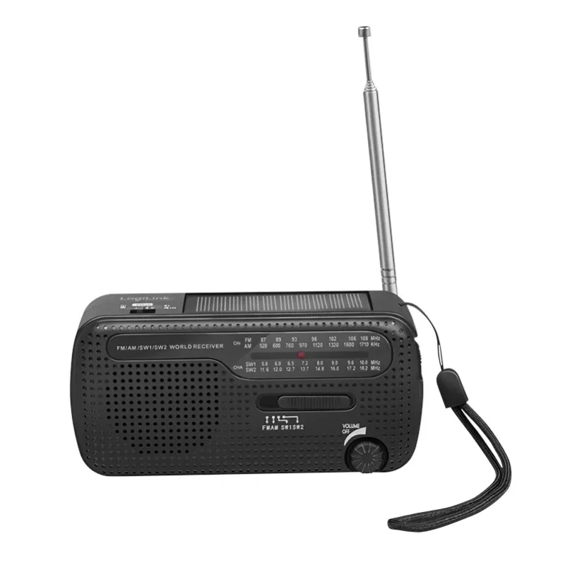 LogiLink rádio a manivela Dynamo com painel solar, AM/FM, função de carregamento USB-C, lanterna LED, alarme SOS, powerbank, preto