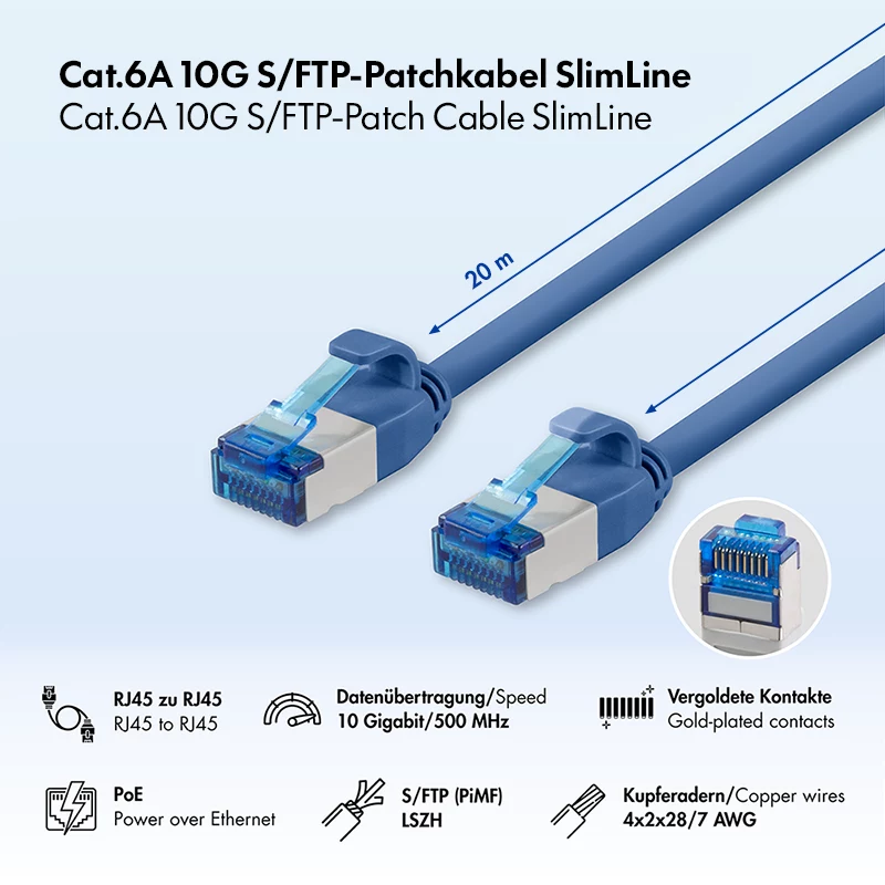 Cabo de patch LogiLink Cat.6A S/FTP LSZH SlimLine, 20 m, azul