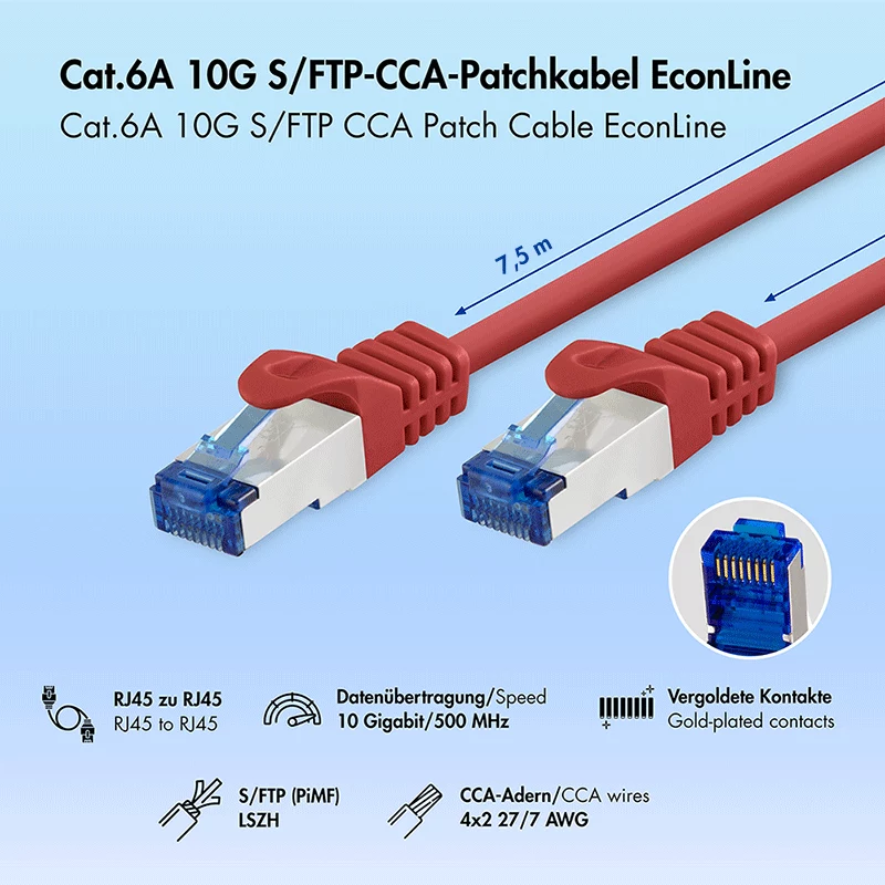 Cabo de patch LogiLink Cat.6A S/FTP LSZH, CCA, vermelho, 7,5m, EconLine