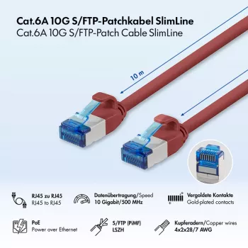 Cabo de patch LogiLink Cat.6A Slim S/FTP LSZH, vermelho, 10 m