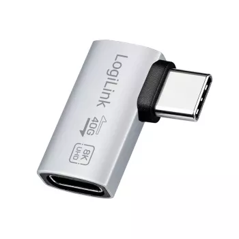 Adaptador LogiLink USB4 Type-C 90°, C/M para C/F, 40 Gbit/s, 240W, 8K/60Hz, alumínio, prateado