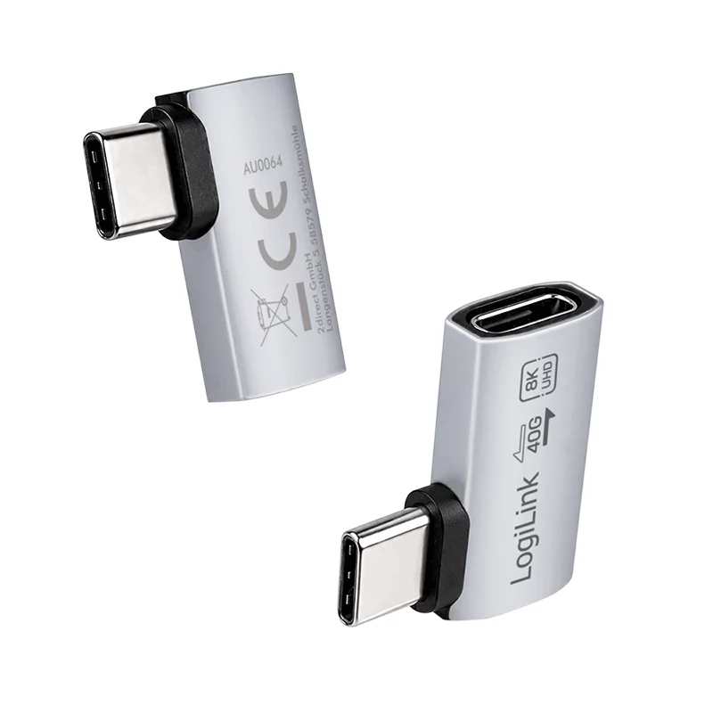 Adaptador LogiLink USB4 Type-C 90°, C/M para C/F, 40 Gbit/s, 240W, 8K/60Hz, alumínio, prateado