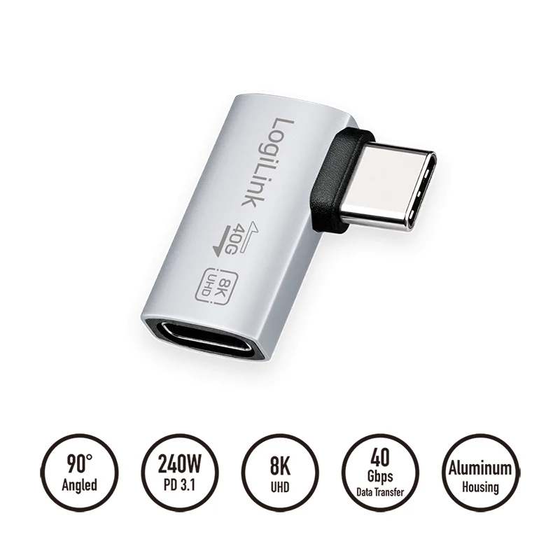 Adaptador LogiLink USB4 Type-C 90°, C/M para C/F, 40 Gbit/s, 240W, 8K/60Hz, alumínio, prateado