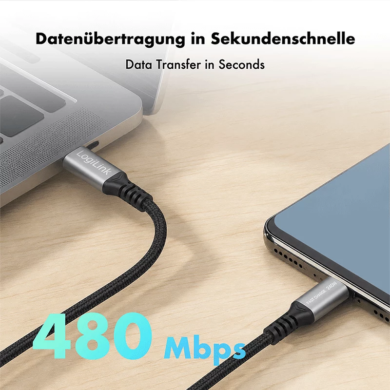 Cabo LogiLink USB 2.0 Type-C para Type-C, 240W PD, 480 Mbps, nylon entrançado, fichas metálicas, preto/prateado, 1 m