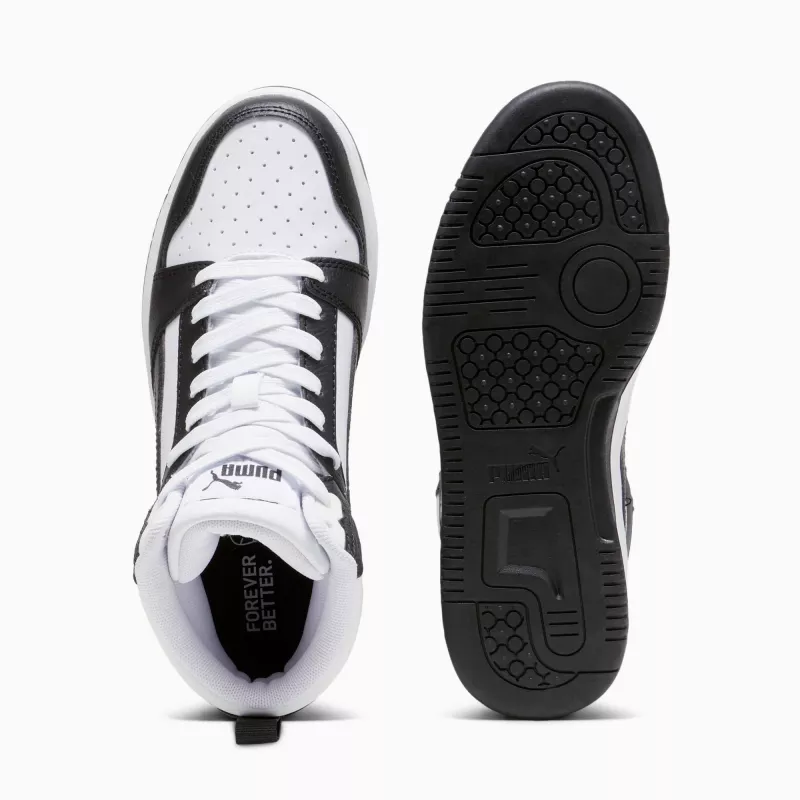 Sapatilhas Puma Rebound V6 Mid para criança branco preto 393831 01 tamanho 38