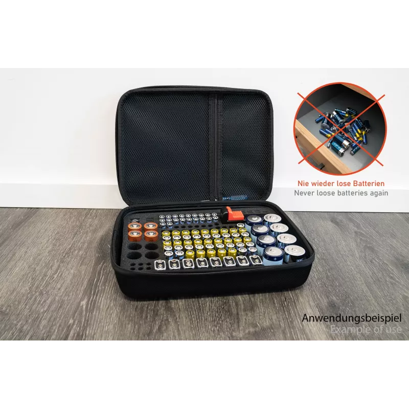 Caixa de armazenamento de pilhas Kabelmeister com testador integrado para AA, AAA, C, D, 9V e pilhas de botão - preto