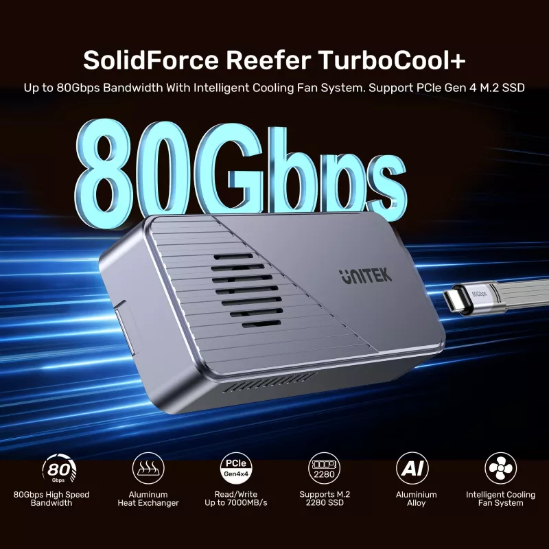 Caixa UNITEK USB4 M.2 NVMe SSD com arrefecimento ativo, 80Gbps, sem ferramentas, alumínio, USB-C
