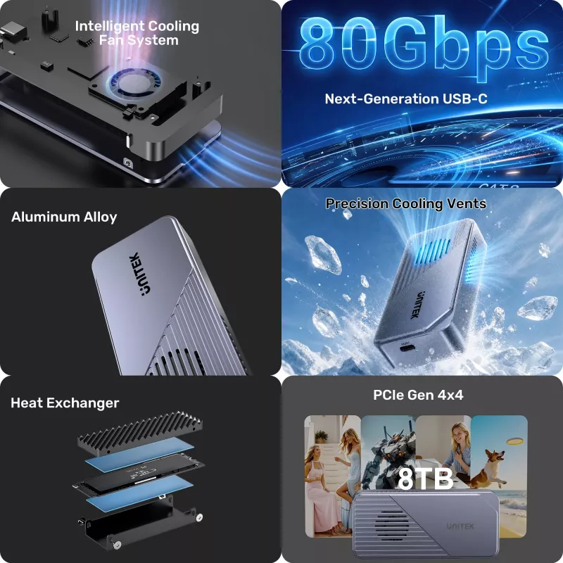 Caixa UNITEK USB4 M.2 NVMe SSD com arrefecimento ativo, 80Gbps, sem ferramentas, alumínio, USB-C