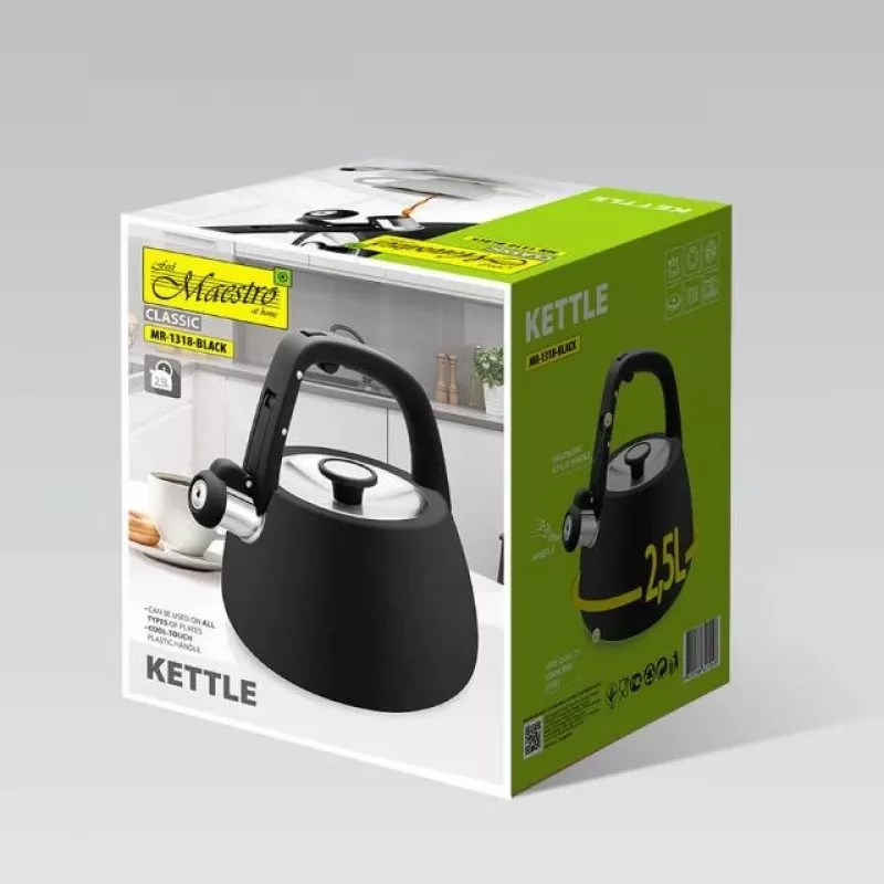 Chaleira elétrica MEO Maestro 2,5L preto mate aço inoxidável com apito MR-1318-BLACK