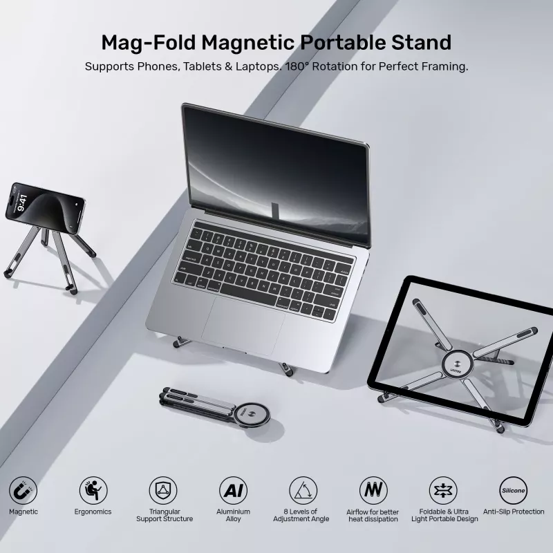 UNITEK Mag-Fold suporte magnético dobrável para telefone, tablet e portátil com função de tripé, cinzento espacial