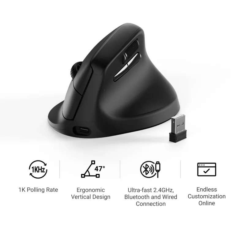 Keychron M5-A29 Rato de Gaming Sem Fios Ergonómico Vertical PixArt 3311 1K Preto