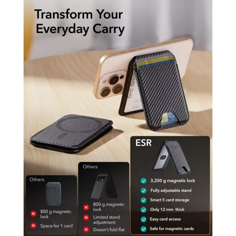 Carteira magnética com suporte ESR Classic RFID com MagSafe, Carbon Fiber Preto