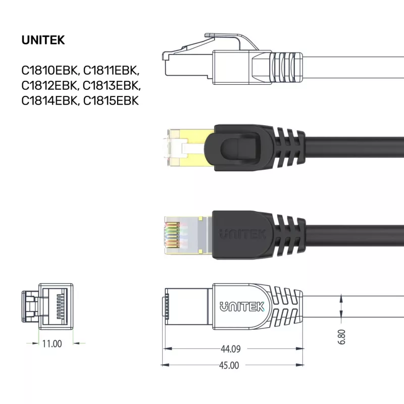 Cabo de rede UNITEK Cat.7 S/FTP 2,0 m, 10 Gbit/s, 600 MHz, fichas RJ45 banhadas a ouro, preto