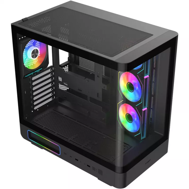 Caixa mid-tower Fortron M581, preta, vidro temperado panorâmico, 4 ventoinhas ARGB