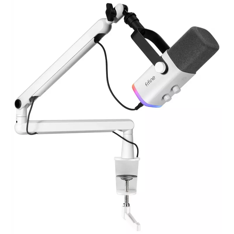Microfone dinâmico XLR/USB para podcast FIFINE TAM8W com braço articulado, branco