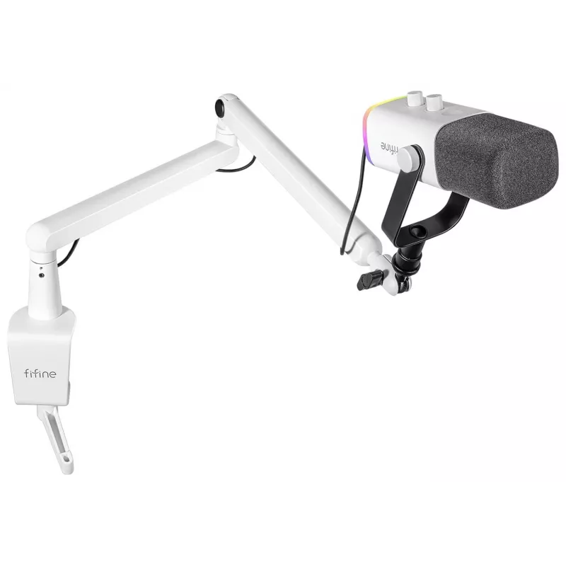 Microfone dinâmico XLR/USB para podcast FIFINE TAM8W com braço articulado, branco