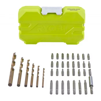 Ryobi RAK38SDD conjunto de 38 peças de brocas e pontas para aparafusar com 24 x pontas de aparafusar 25mm, brocas HSS e para pedra, adaptadores de casquilho, suporte magnético e mala