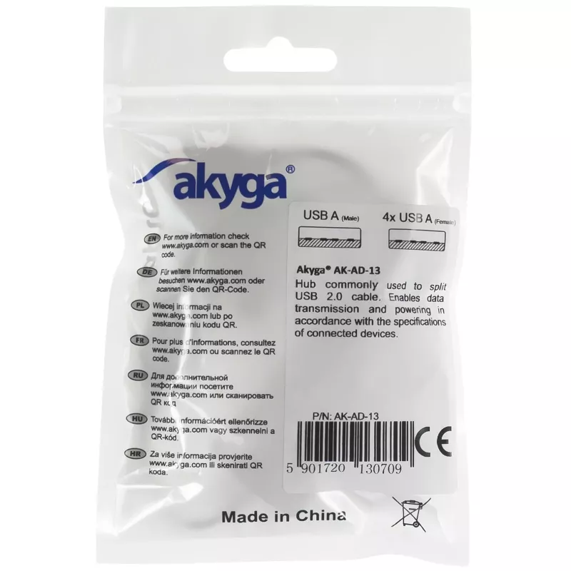 Hub USB 2.0 de 4 portas AKYGA AK-AD-13, preto