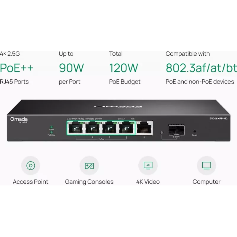 Switch TP-Link Omada Easy Managed 5 portas 2.5G PoE++ com uplink 10G SFP+ (ES206XPP-M2)