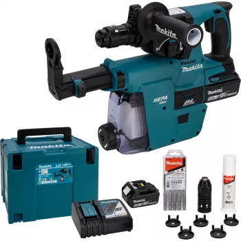 Makita DHR243JWX2 18V Martelo perfurador SDS-Plus sem escovas de 3 modos a bateria com 2x baterias 5,0Ah, carregador e mala Makpac