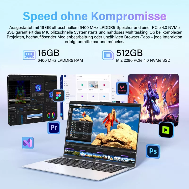Portátil GEEKOM GeekBook M16 16 polegadas Intel Core Ultra 9 185H 16GB RAM 512GB SSD Windows 11 Pro prateado