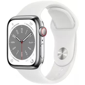 Apple Watch Series 8 GPS + Cellular 41mm caixa em aço inoxidável com bracelete Sport Band, prata/branco (MNJ53EL/A)