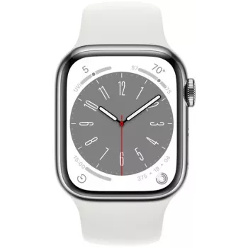 Apple Watch Series 8 GPS + Cellular 41mm caixa em aço inoxidável com bracelete Sport Band, prata/branco (MNJ53EL/A)