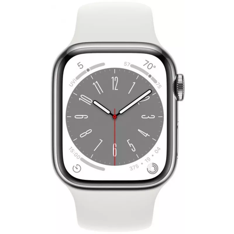 Apple Watch Series 8 GPS + Cellular 41mm caixa em aço inoxidável com bracelete Sport Band, prata/branco (MNJ53EL/A)