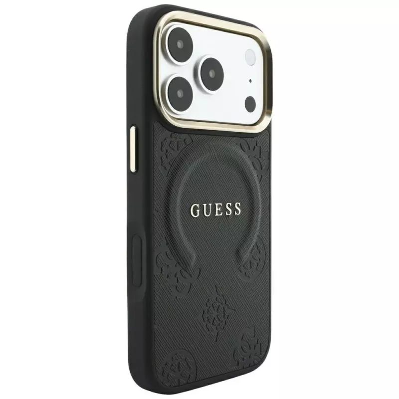 Capa MagSafe GUESS Saffiano Peony & Ring para iPhone 18 Pro / 17 Pro - preto
