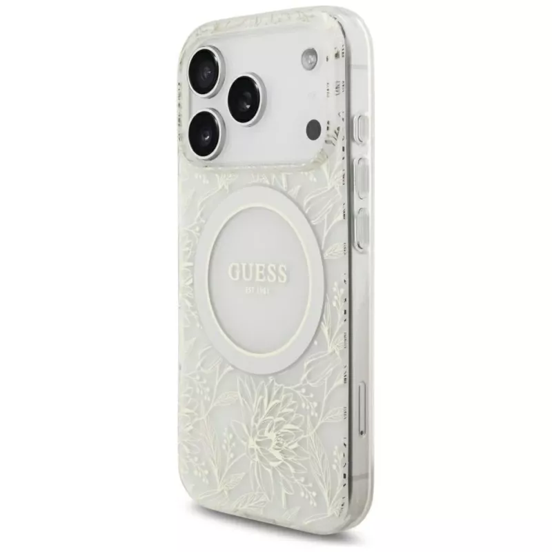 Capa GUESS IML Flowers Allover Electroplated MagSafe com fita de pérolas para iPhone 18 Pro / 17 Pro - branco