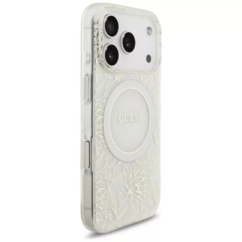 Capa GUESS IML Flowers Allover Electroplated MagSafe com fita de pérolas para iPhone 18 Pro / 17 Pro - branco