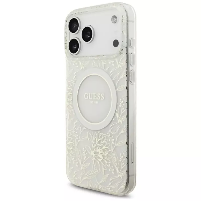 Capa GUESS IML Flowers Allover Electroplated com fita de pérolas MagSafe para iPhone 18 Pro Max / 17 Pro Max branco