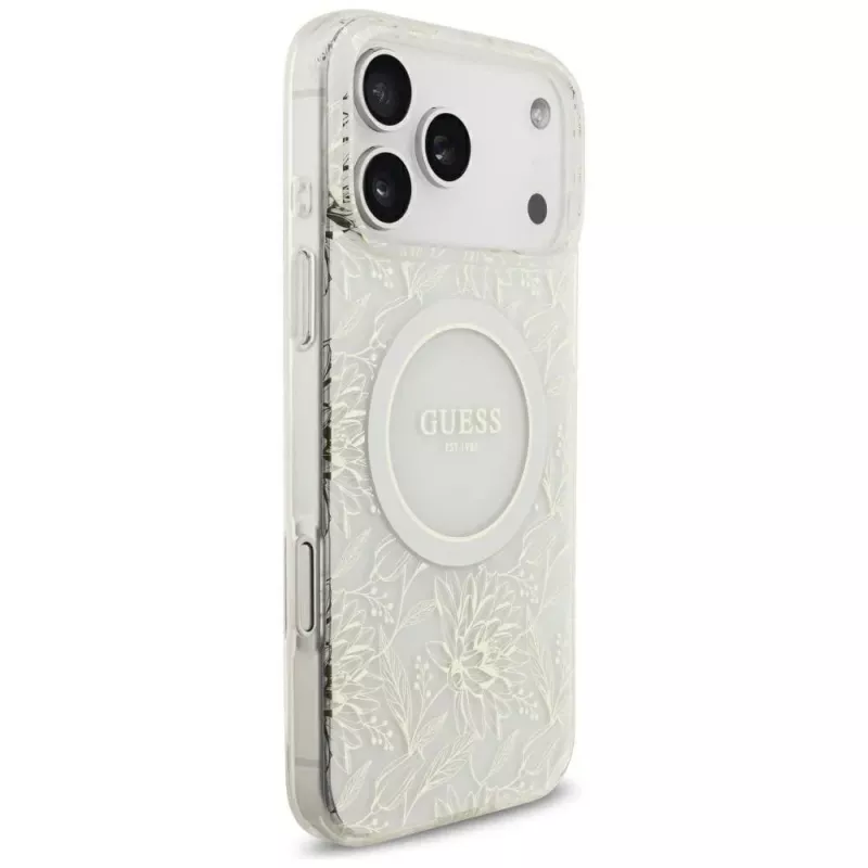Capa GUESS IML Flowers Allover Electroplated com fita de pérolas MagSafe para iPhone 18 Pro Max / 17 Pro Max branco