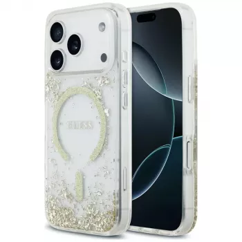 Capa Guess Resin Bottom Glitter MagSafe para iPhone 18 Pro / 17 Pro, dourado