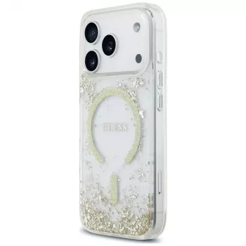 Capa Guess Resin Bottom Glitter MagSafe para iPhone 18 Pro / 17 Pro, dourado