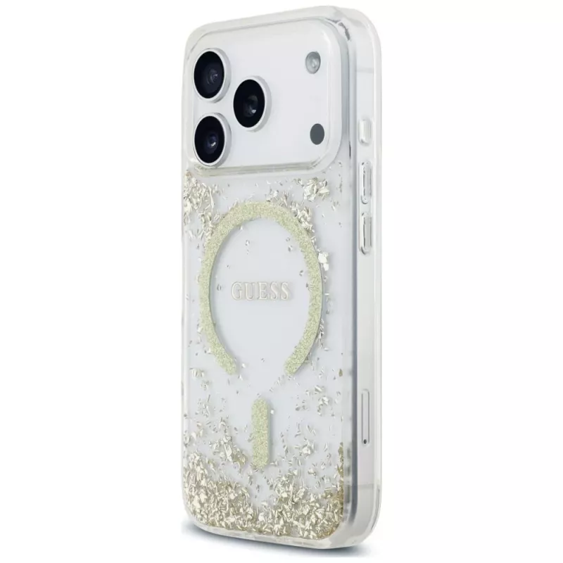 Capa Guess Resin Bottom Glitter MagSafe para iPhone 18 Pro / 17 Pro, dourado