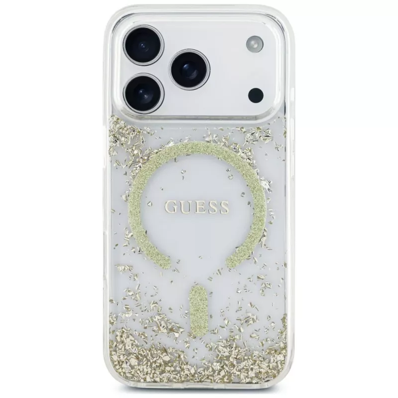Capa Guess Resin Bottom Glitter MagSafe para iPhone 18 Pro / 17 Pro, dourado