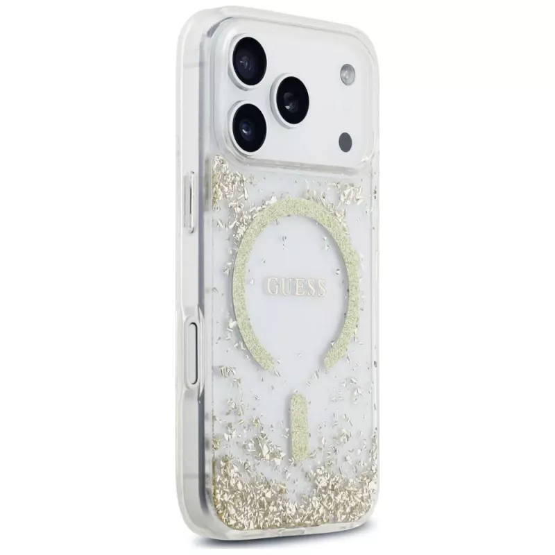 Capa Guess Resin Bottom Glitter MagSafe para iPhone 18 Pro / 17 Pro, dourado